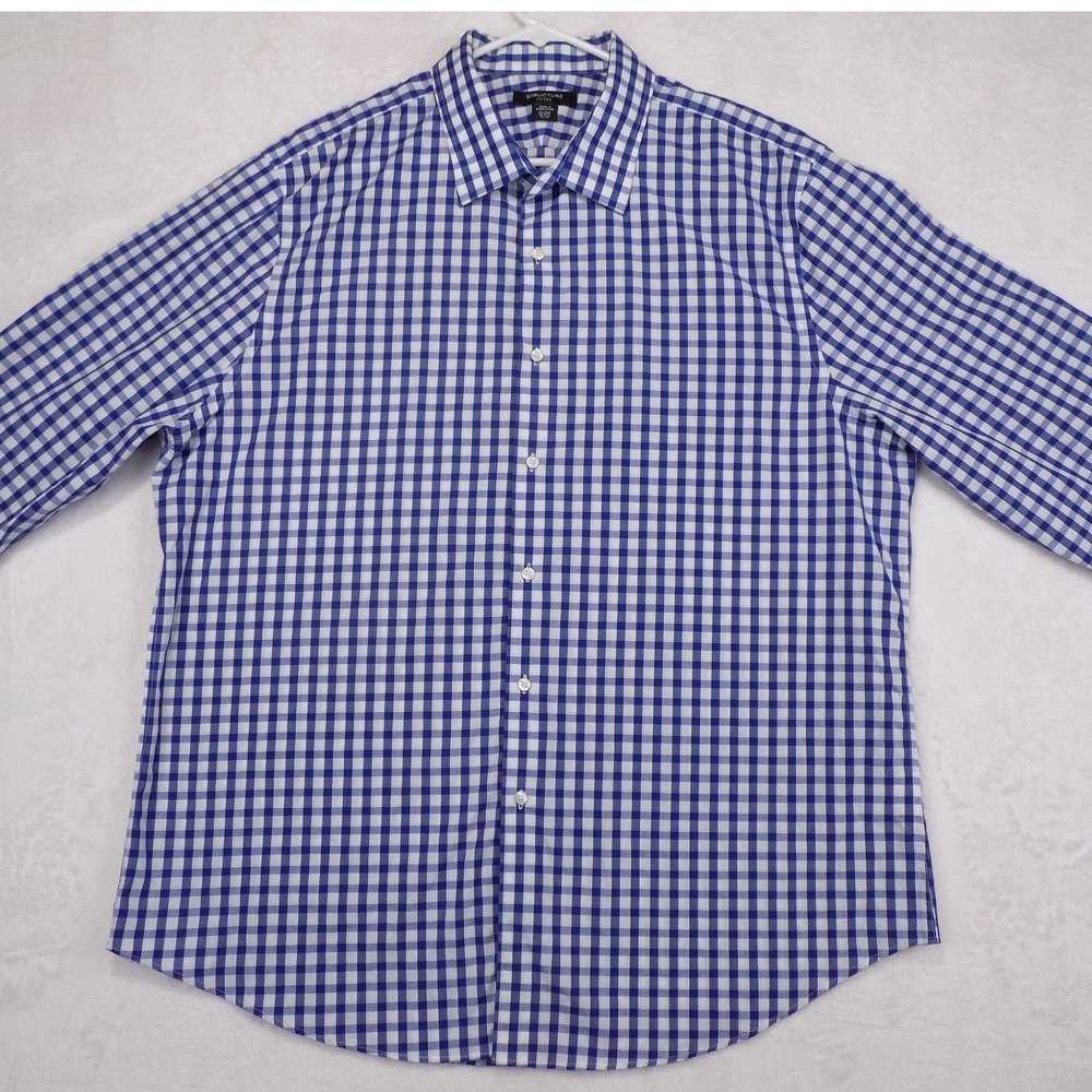 Structure Fitted Mens 2XL Blue White Gingham Check Button Down Shirt Long Sleeve